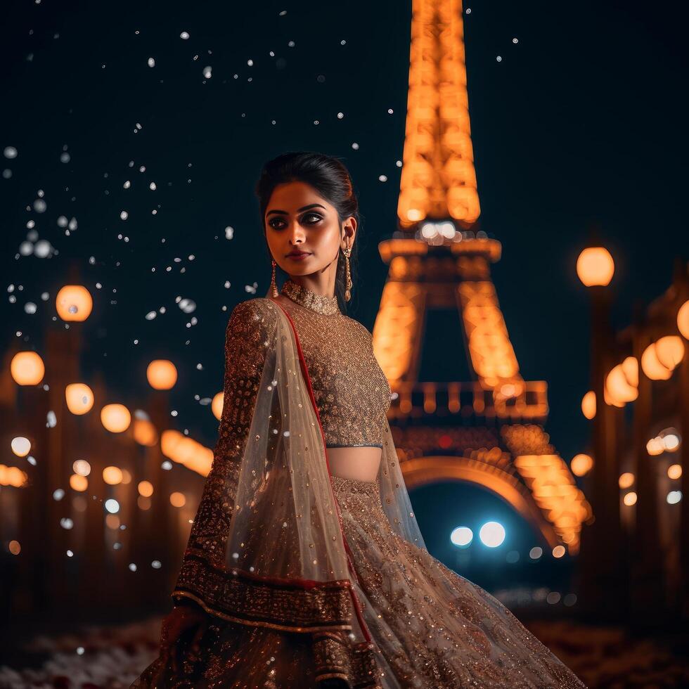 A girl in traditional indian dress posing with eiffel tower photo