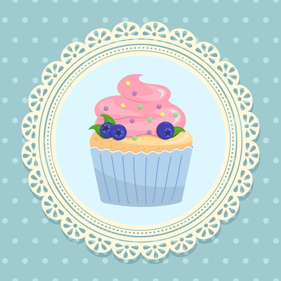 Cute Happy Birthday card with a cupcake with cherries and blueberries. Flat style vector illustration