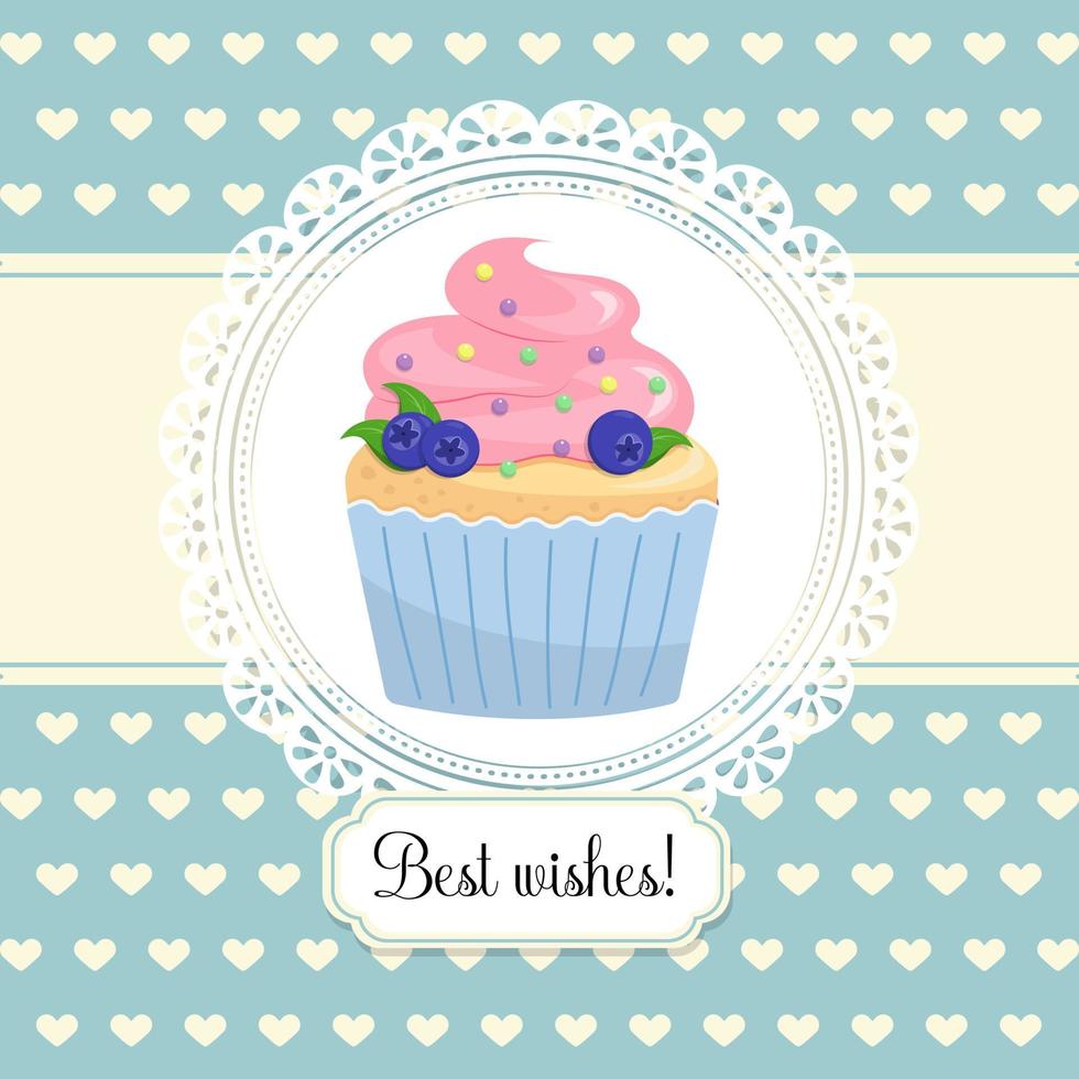 Cute Happy Birthday card with a cupcake with cherries and blueberries. Flat style vector illustration