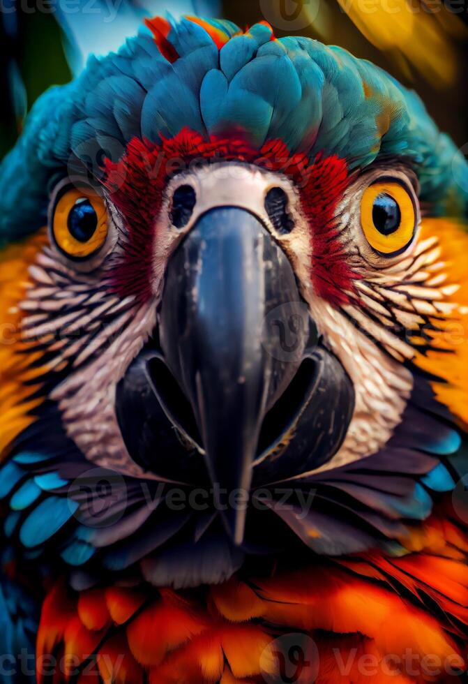 cerca arriba cara imagen de un linda guacamayo generativo ai foto