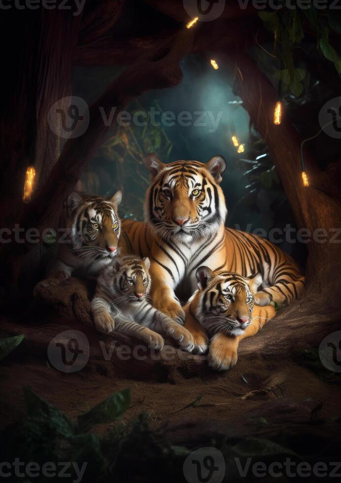 retrato de Tigre familia sentado juntos en su hogar generativo ai foto