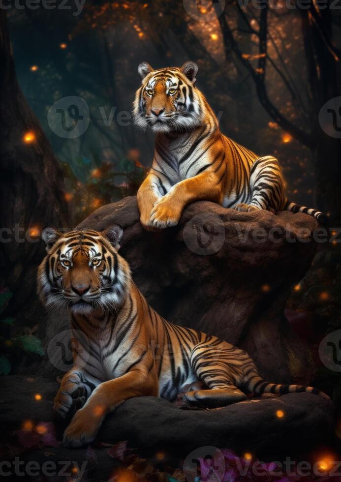 two tigers sitting together on tree's branch photo