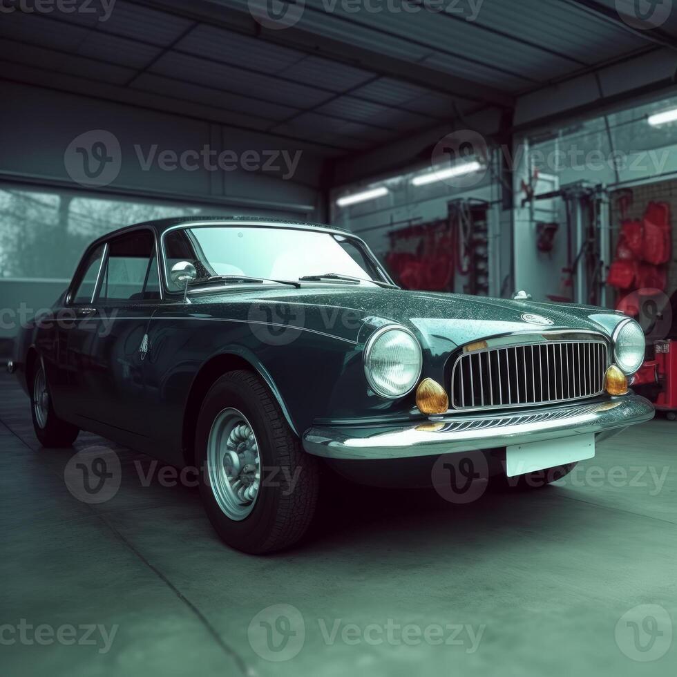 big sports car in garage documentary style photo