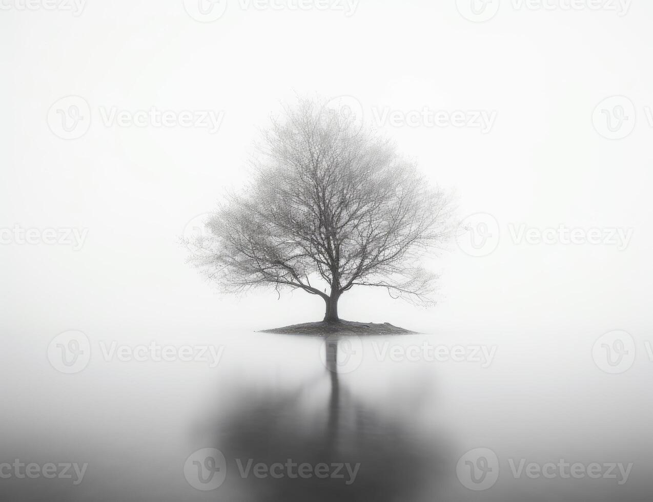 Tree at the middle of the sea foggy image photo