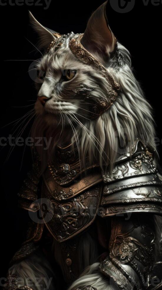 kneeling mainecoon knight split screen portrait on black background photo
