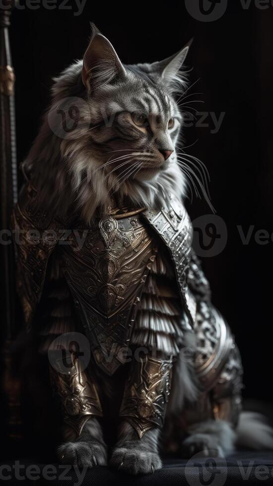 image of kneeling mainecoon knight split screen portrait photo