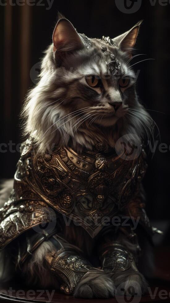 kneeling mainecoon knight split screen portrait photo