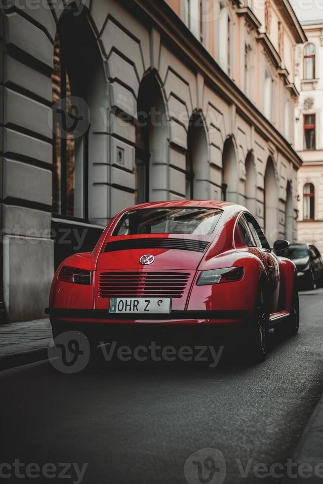 photo of red vehicle on road