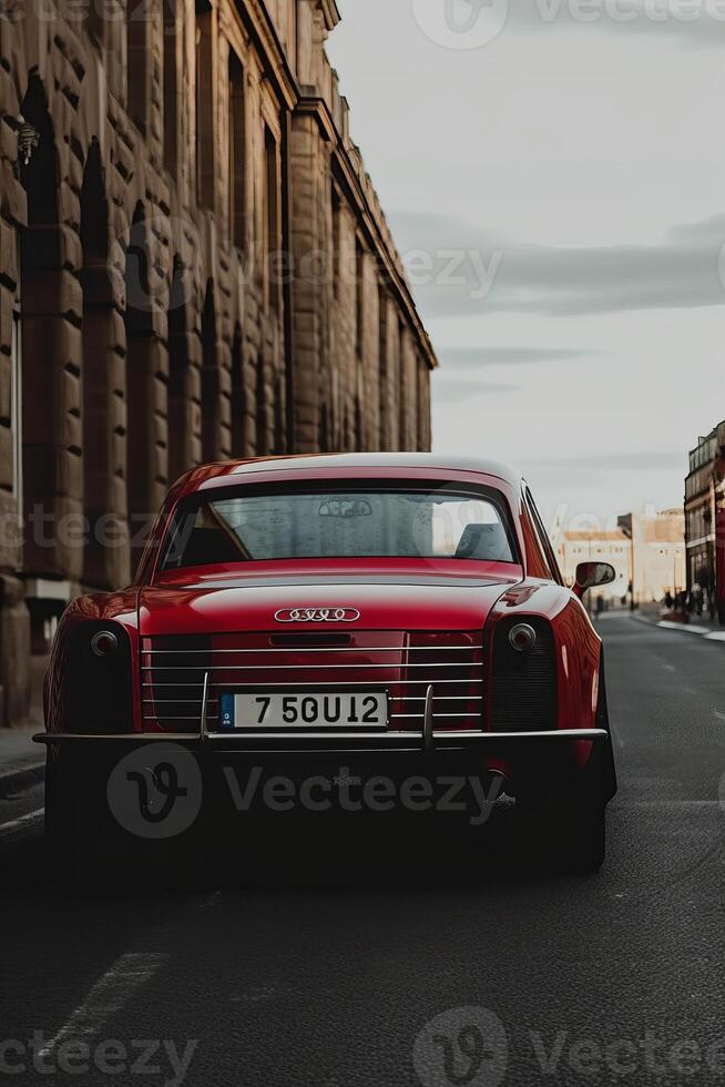 A red vehicle driven on road photo