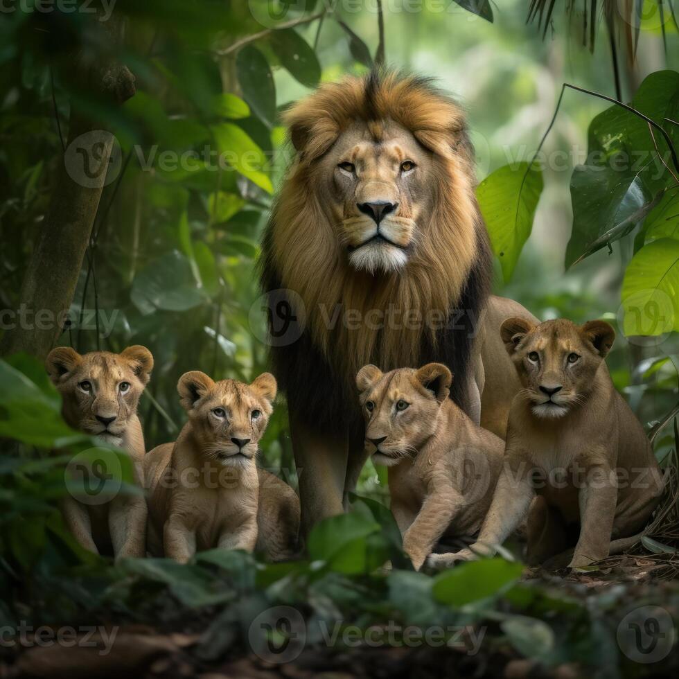 A adult lion with small lions photo