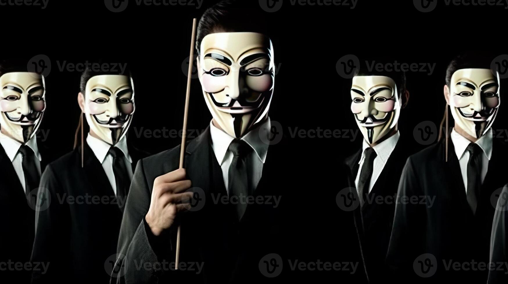 cinco anónimo hackers en un cara máscara generativo ai foto