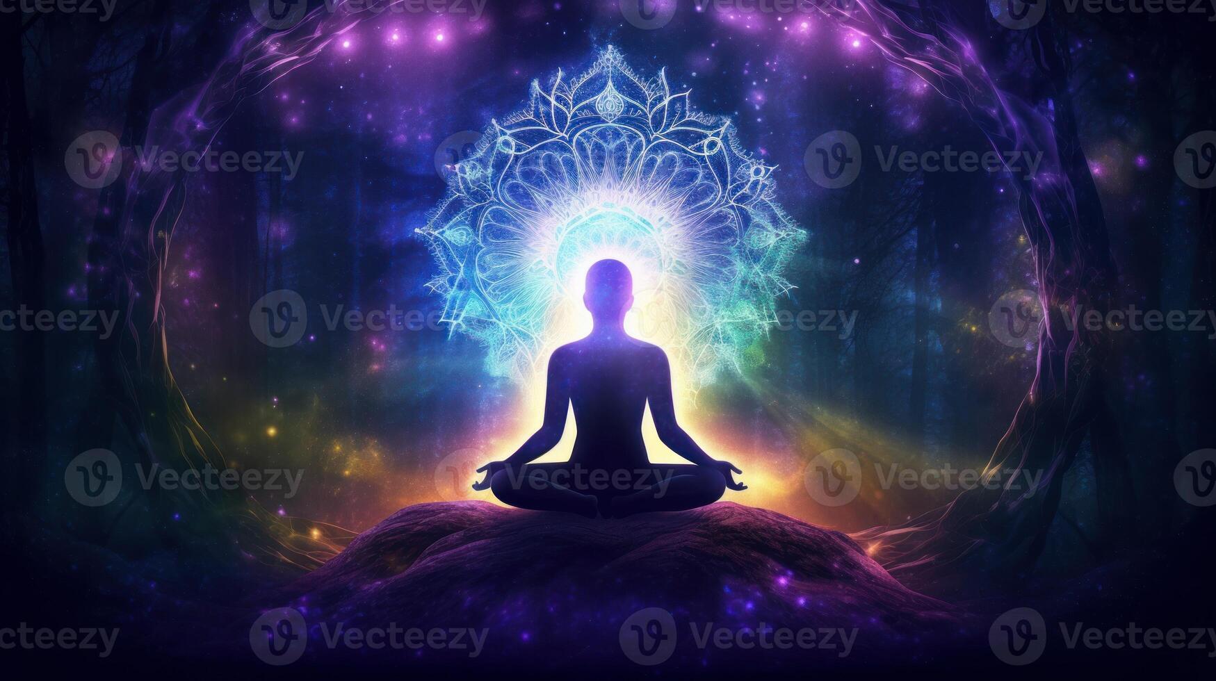 A man meditate in music meditation with neon light background photo
