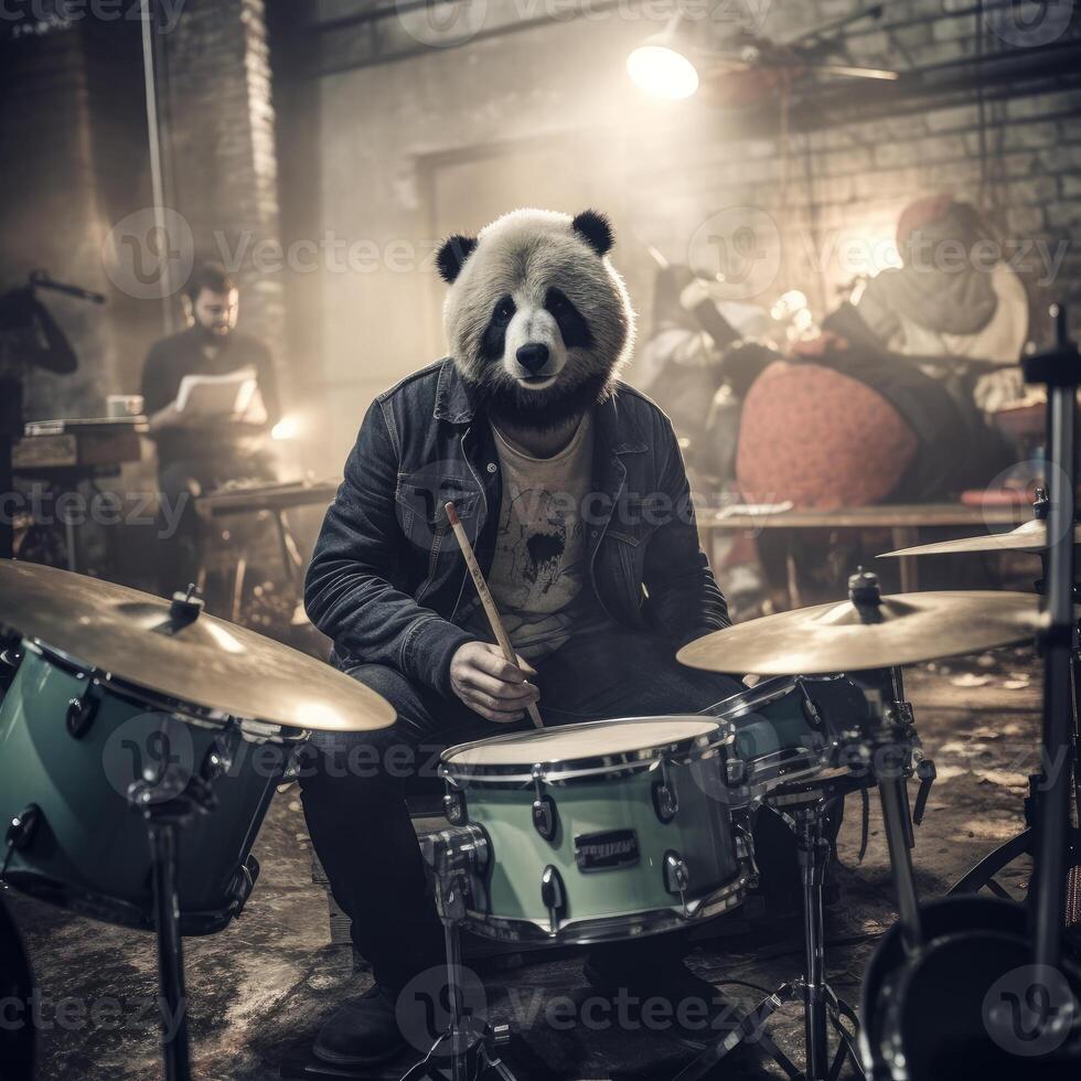 Panda character drumming for rock band photo