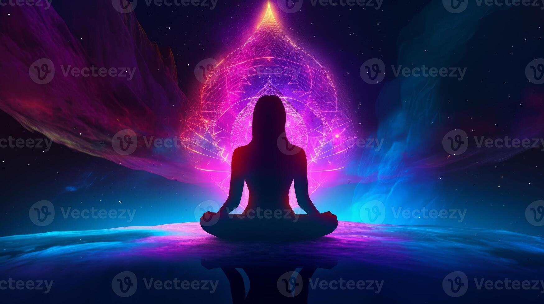 A man meditate in music meditation neon light image photo
