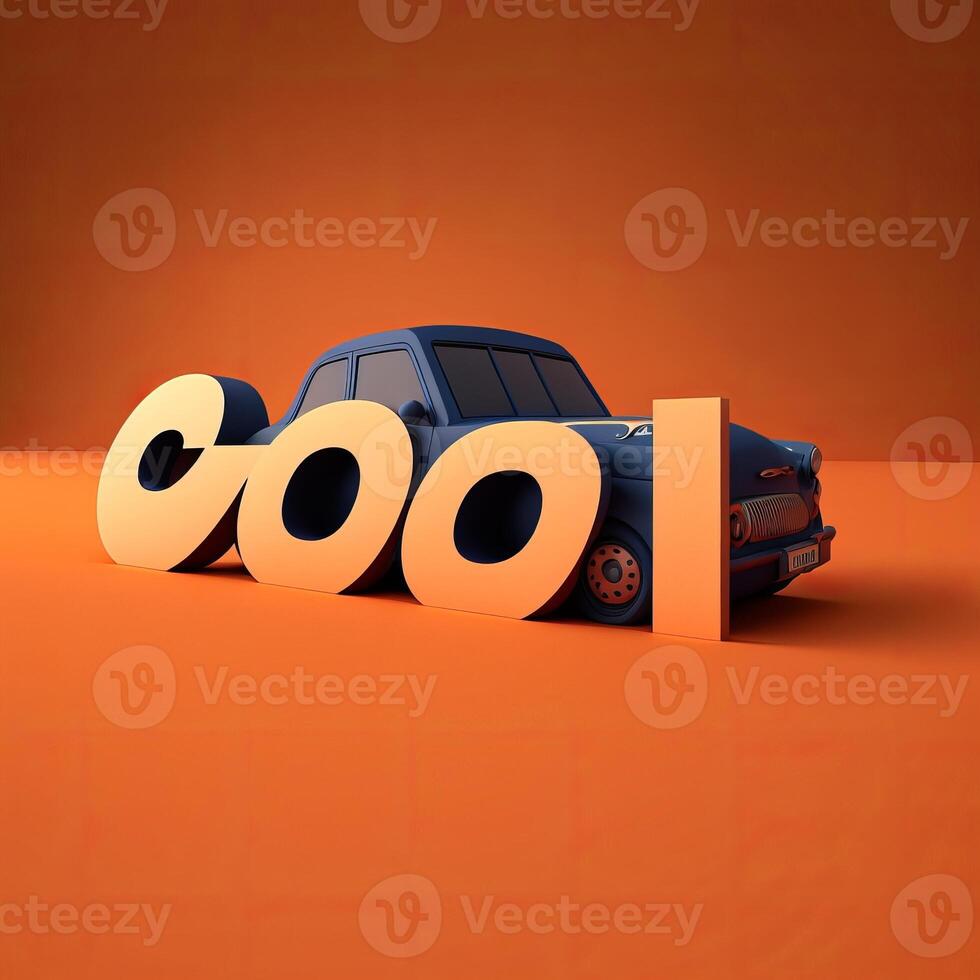 Car parked on cool typography realistic 3d illustration photo