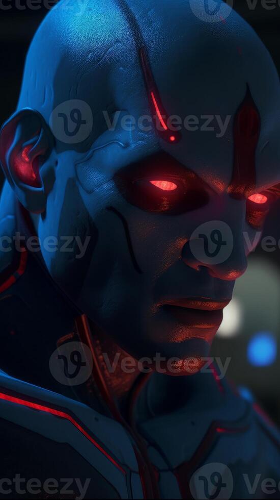 Computer android robot with glowing red eyes face photo