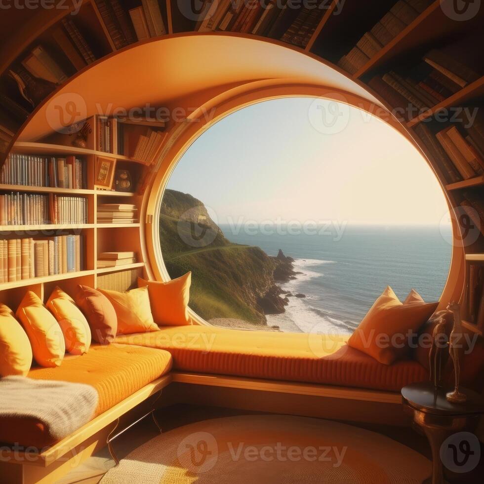 Completely circular window curved shelves gold theme photo