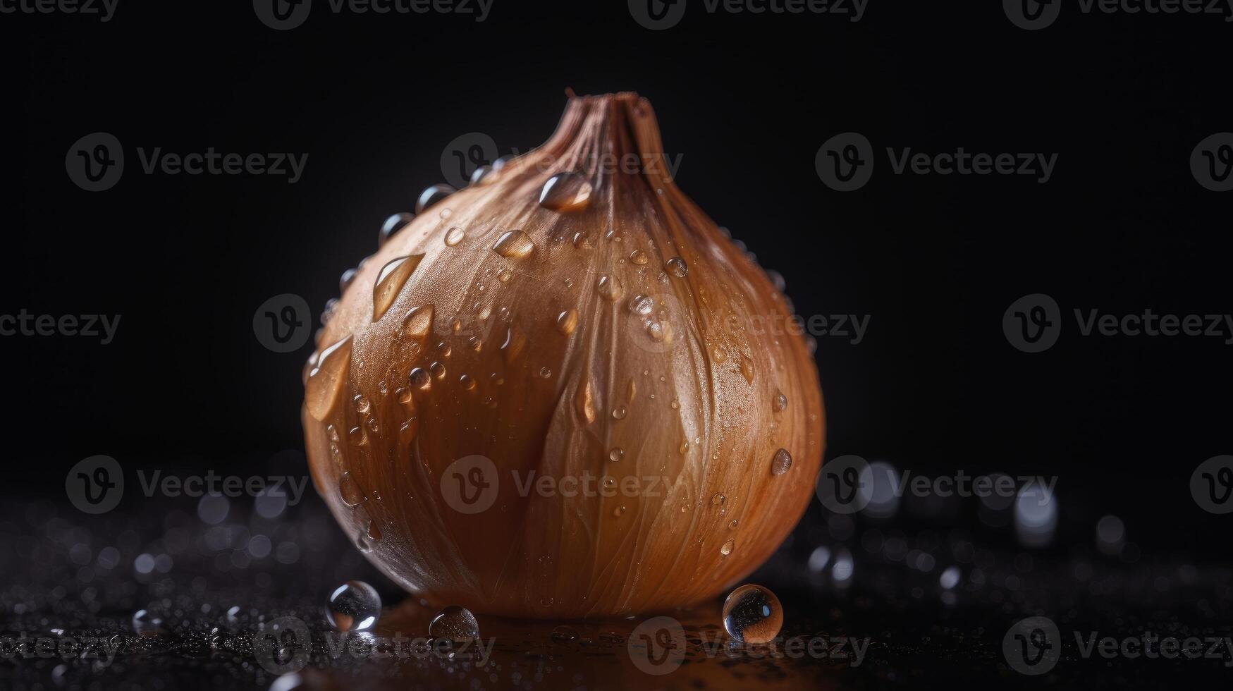 un soltero cebolla en negro antecedentes visible gotas de agua generativo ai foto