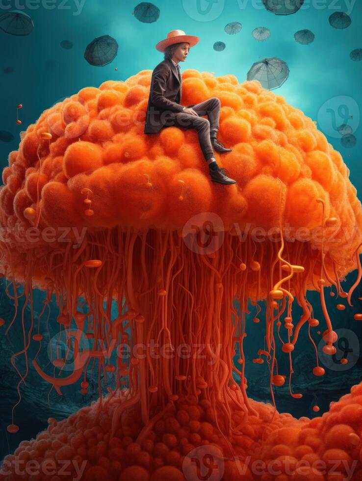 A man sitting above the jelly fish photo