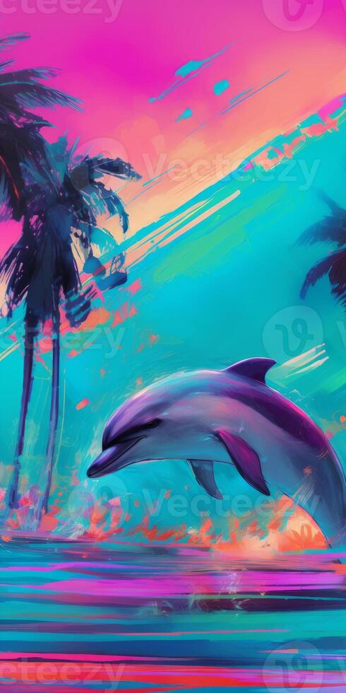 A dolphins jumping to palm trees colourful painting photo