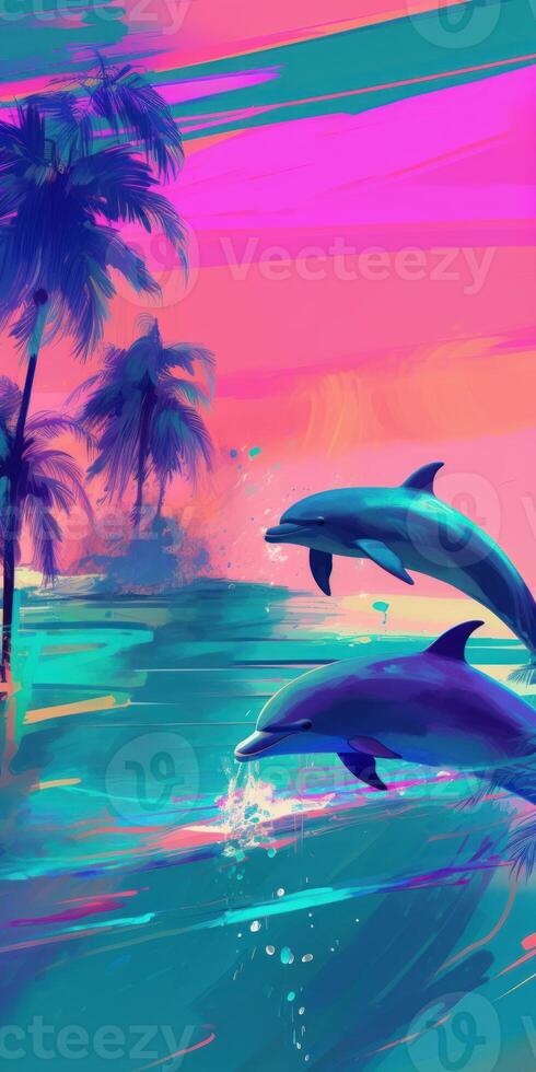 A dolphins jumping to palm trees colourful painting photo