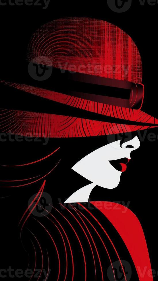 A black and red illustration art of girl wearing cap image photo