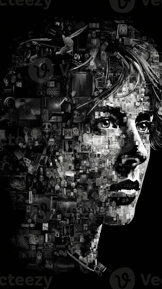 A women's face made by pixel on black background photo