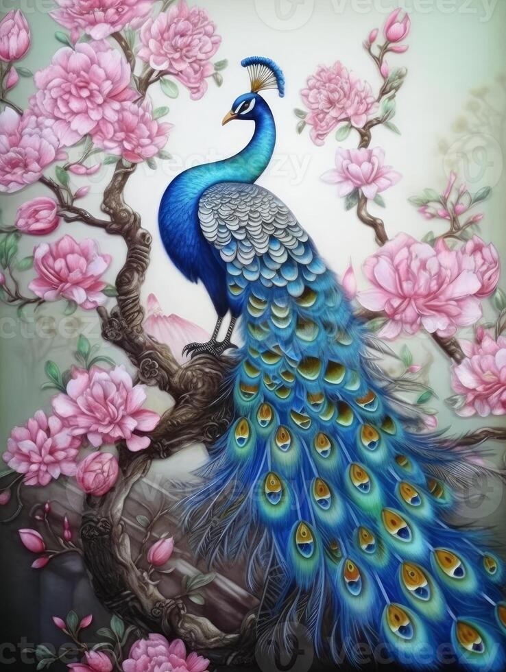 A painting of a peacock on a branch with pink flowers photo