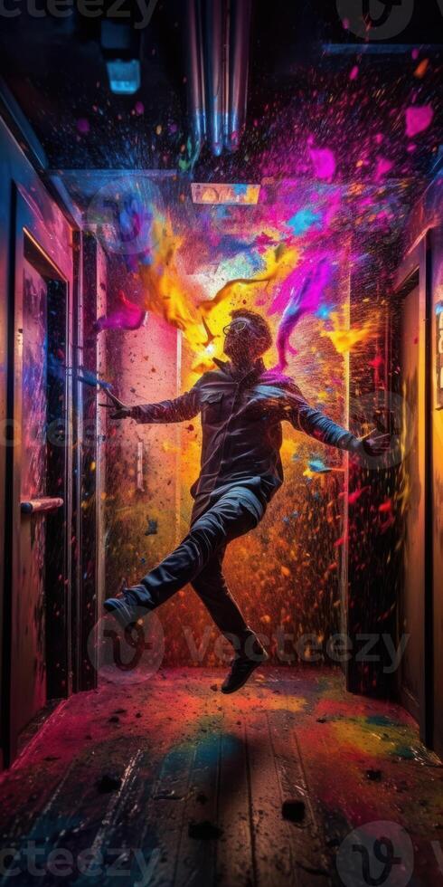 A man jumping into a paint splat trippy colorful photo