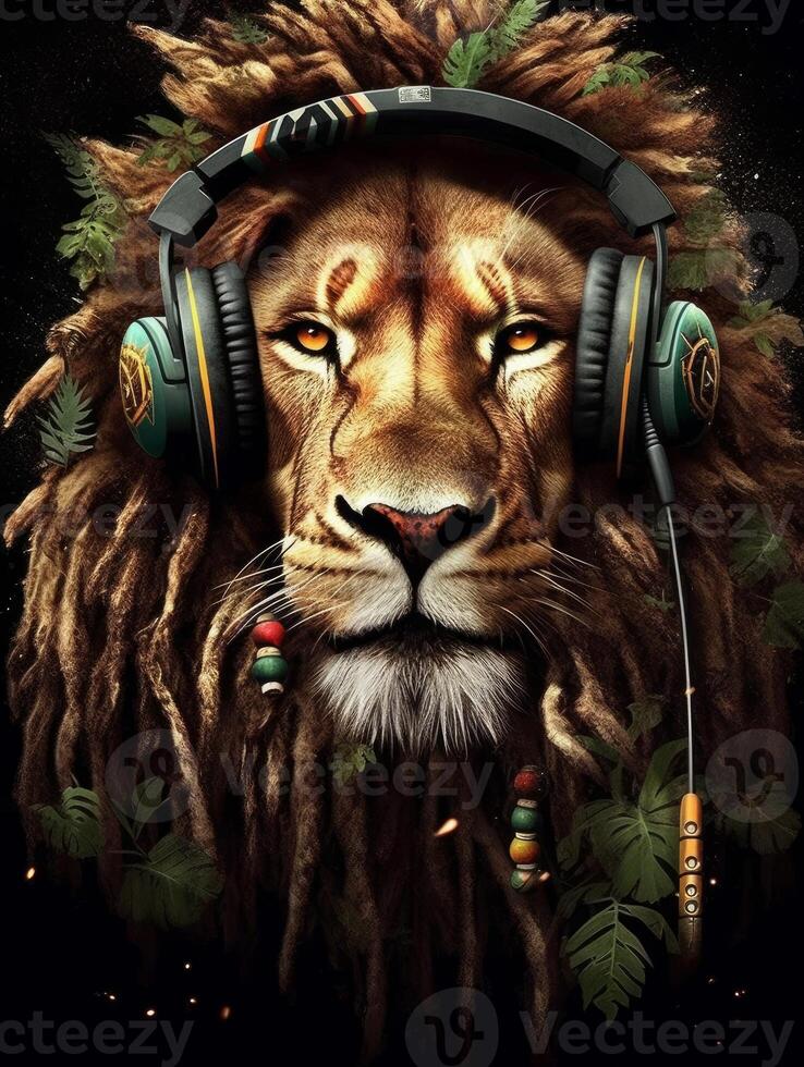 A lion with dreadlocks and headphones poster with black background photo