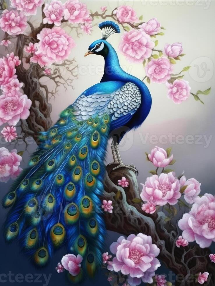 A painting of a peacock on a branch with pink flowers photo