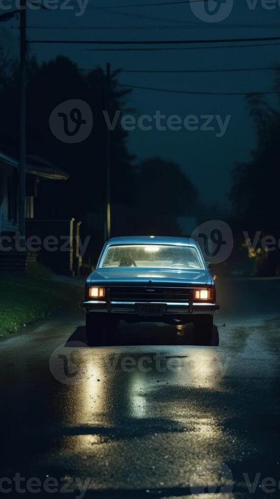 A realistic photograph of a classic 70s car on the road photo