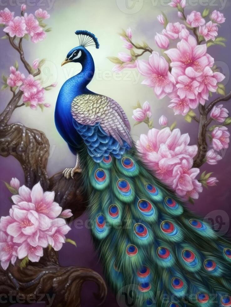 A painting of a beautiful peacock on a branch with pink flowers photo
