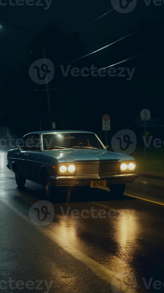 A realistic photograph of a classic 70s car driven on road photo