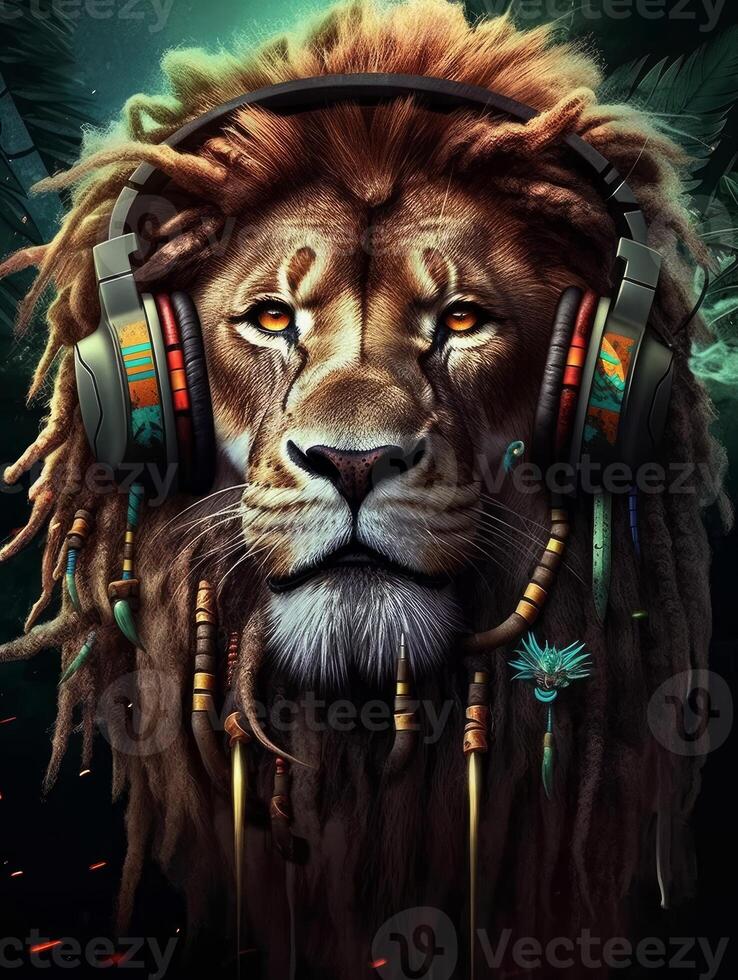lion with dreadlocks and headphones photo