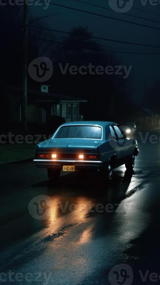 A realistic photograph of a classic 70s car driven at night photo