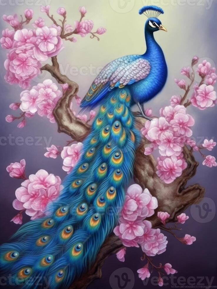 A painting of a peacock on a branch photo