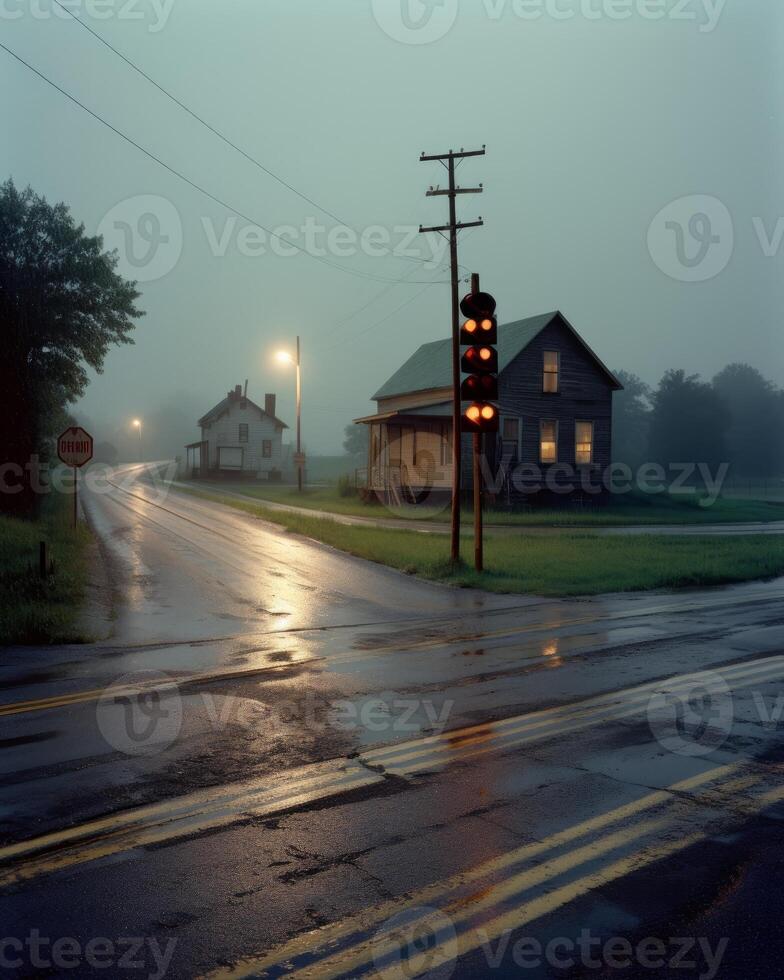 un realista fotografía de un lluvioso solitario la carretera generativo ai foto