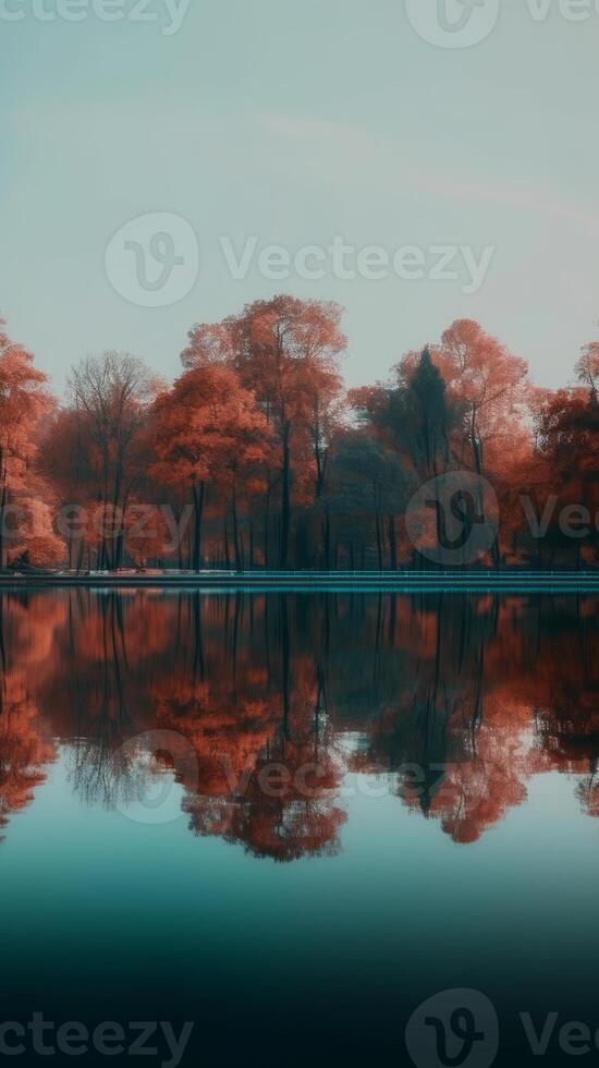 A serene lake a forest in autumn colorful foliage photo