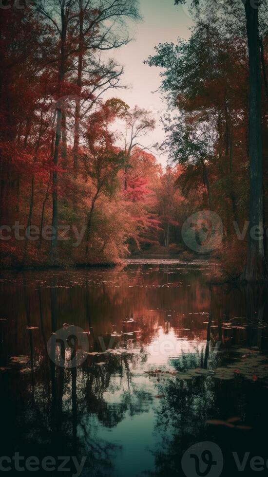 A serene lake a forest in autumn colorful foliage photo