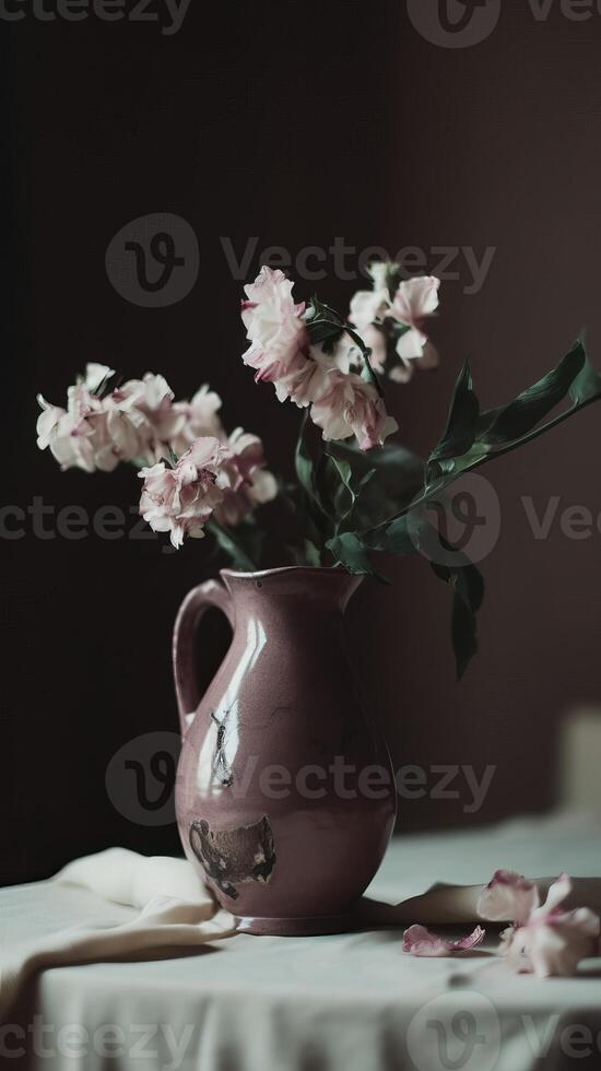 A still life of wilted beautiful flowers in a vase photo