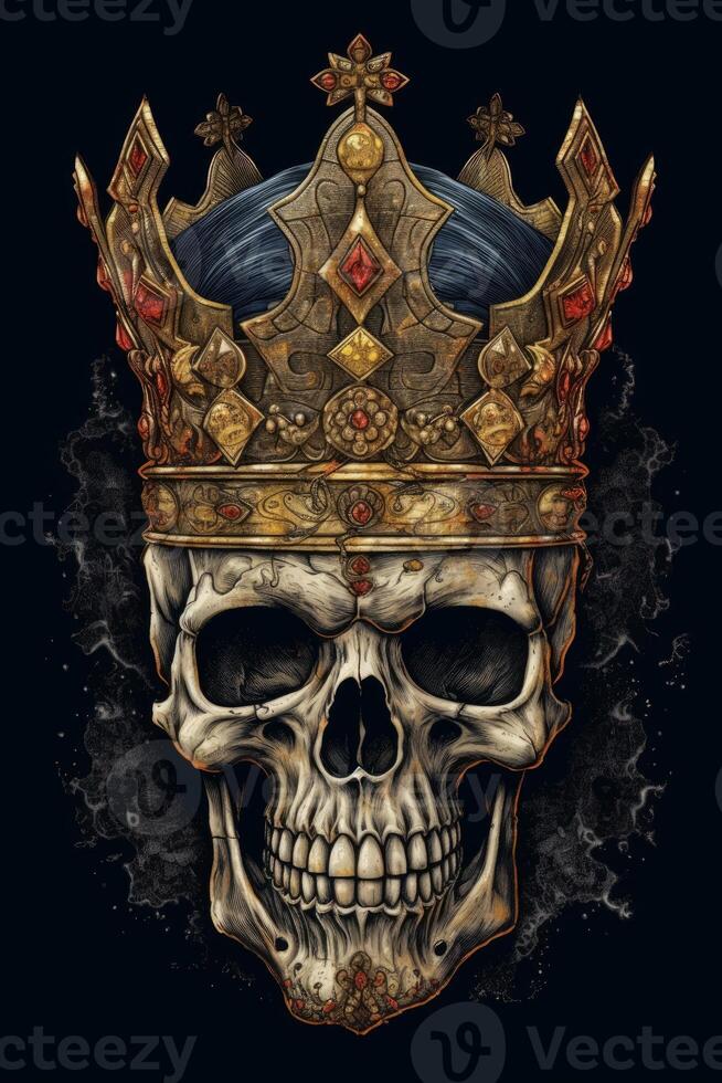 A skull with a kings crown on blue background photo