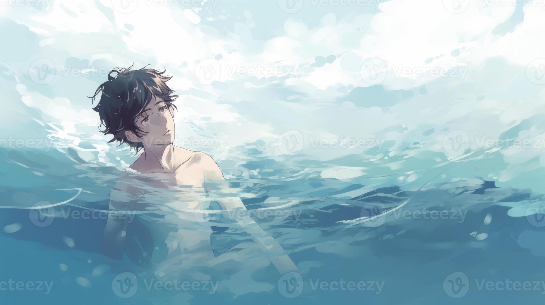 A young boy swimming in the sea anime image photo