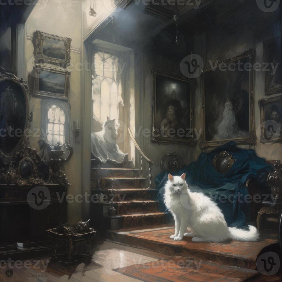 un heroico blanco gato en un obsesionado victoriano casa generativo ai foto