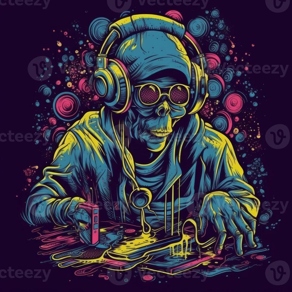 A DJ trippy character logo dark background photo