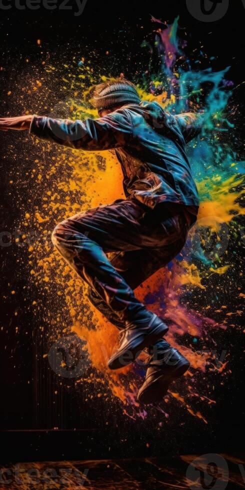 A man jumping into a paint splat trippy colorful on black background photo