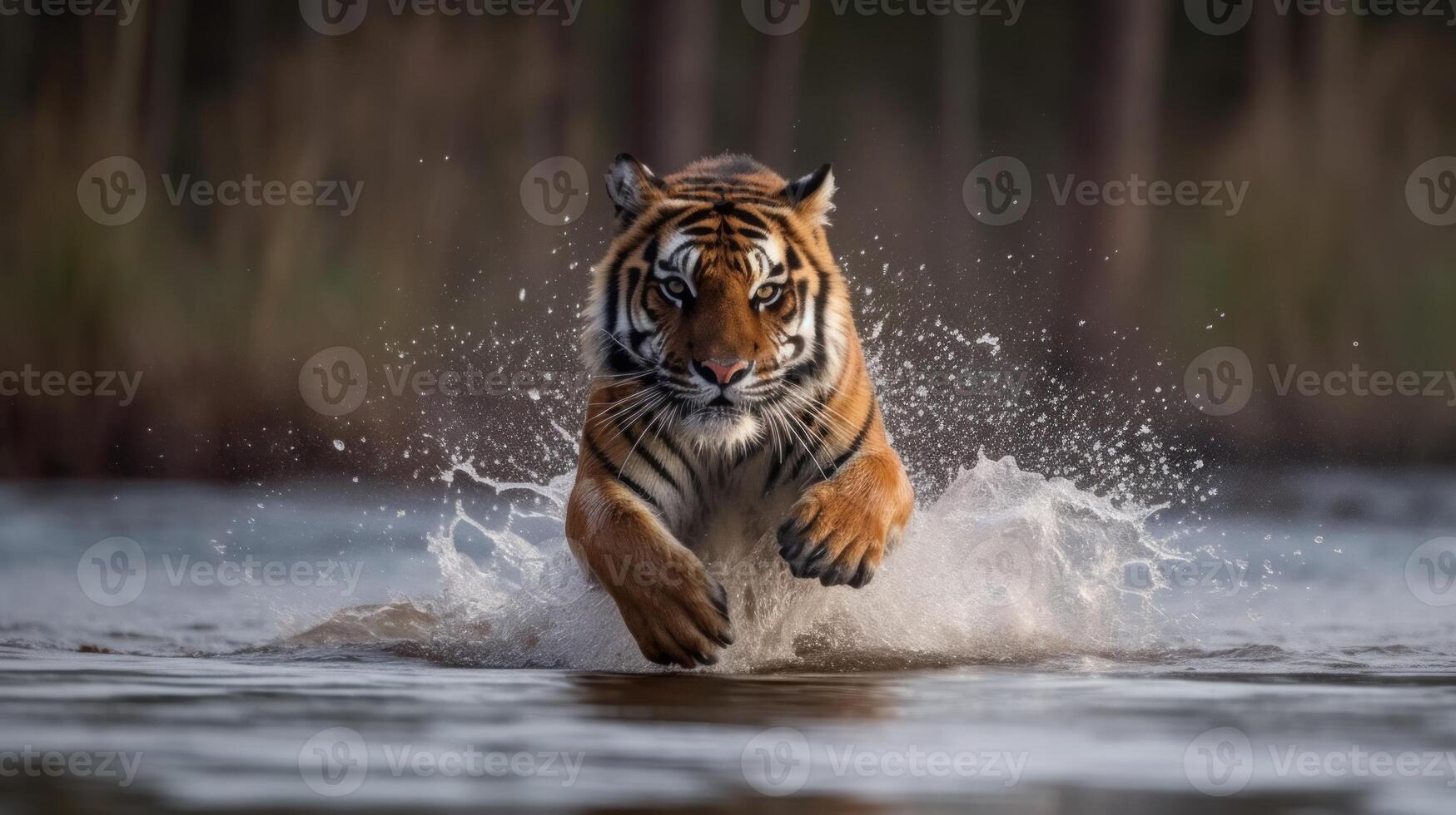 Tiger running on the river with a fierce expression photo