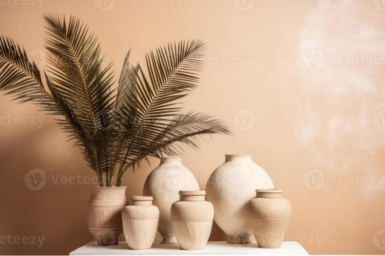 indoor view with pots and palm leaves photo