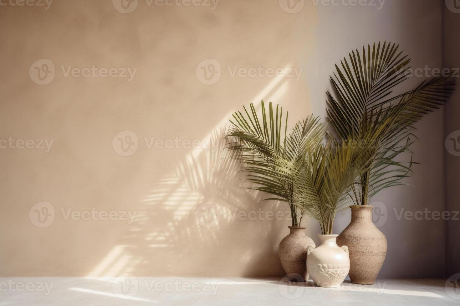 indoor view with pots and palm leaves photo