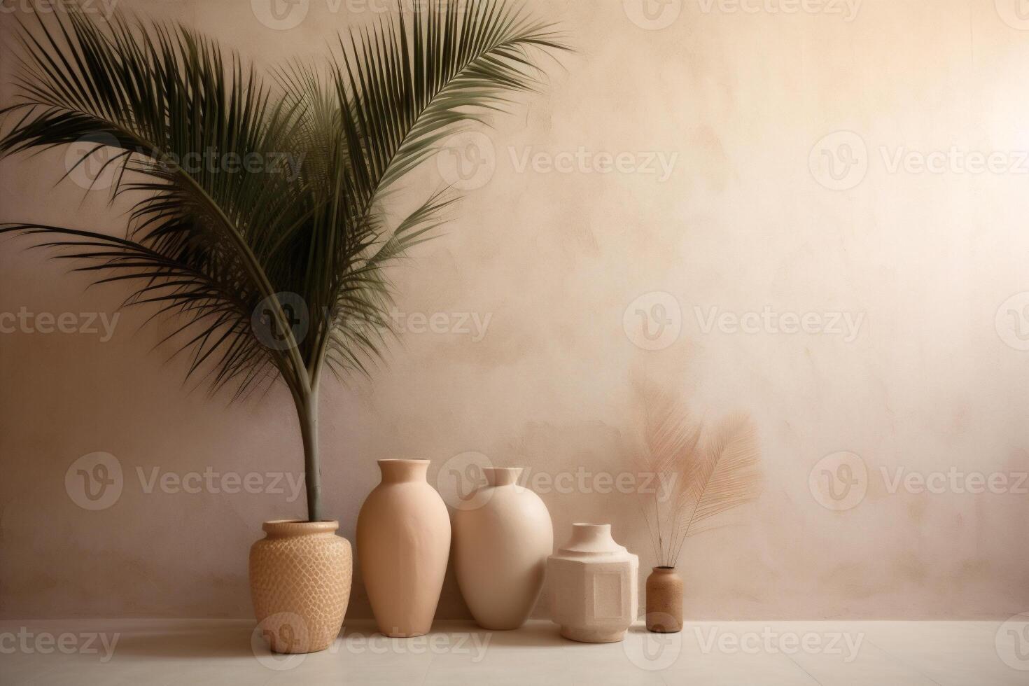 indoor view with pots and palm leaves photo